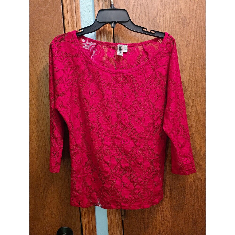 BKE Red Floral Lace Scoop Neck 3/4 Sleeve Top Blouse Sheer Layering Women Small